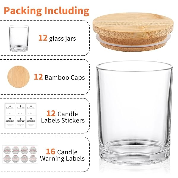 SUPMIND - Paquete de 12 tarros de vela de vidrio, 10 onzas, transparentes con tapas de bambú y etiquetas adhesivas, tarros de vela a granel para hacer recipientes de velas, apto para lavaplatos - Image 4