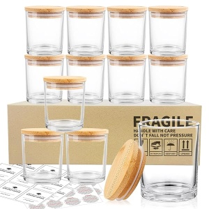 SUPMIND - Paquete de 12 tarros de vela de vidrio, 10 onzas, transparentes con tapas de bambú y etiquetas adhesivas, tarros de vela a granel para hacer recipientes de velas, apto para lavaplatos