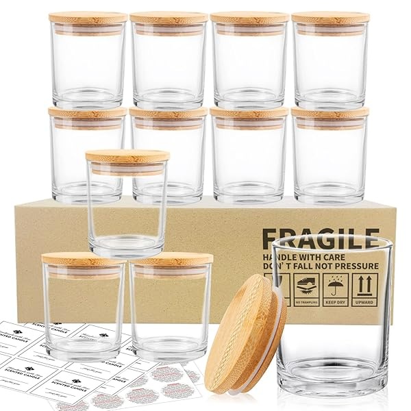 SUPMIND - Paquete de 12 tarros de vela de vidrio, 10 onzas, transparentes con tapas de bambú y etiquetas adhesivas, tarros de vela a granel para hacer recipientes de velas, apto para lavaplatos
