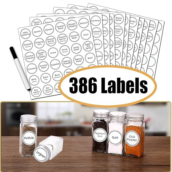 SWOMMOLY - Juego completo de 48 tarros de especias de vidrio con 806 etiquetas de especias blancas, marcador de gis y embudo Botellas de especias cuadradas vacías de 4 onzas, recipientes de especias - Image 4