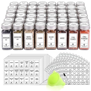 SWOMMOLY - Juego completo de 48 tarros de especias de vidrio con 806 etiquetas de especias blancas, marcador de gis y embudo Botellas de especias cuadradas vacías de 4 onzas, recipientes de especias