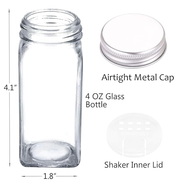 SWOMMOLY - Juego completo de 48 tarros de especias de vidrio con 806 etiquetas de especias blancas, marcador de gis y embudo Botellas de especias cuadradas vacías de 4 onzas, recipientes de especias - Image 7