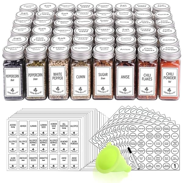 SWOMMOLY - Juego completo de 48 tarros de especias de vidrio con 806 etiquetas de especias blancas, marcador de gis y embudo Botellas de especias cuadradas vacías de 4 onzas, recipientes de especias