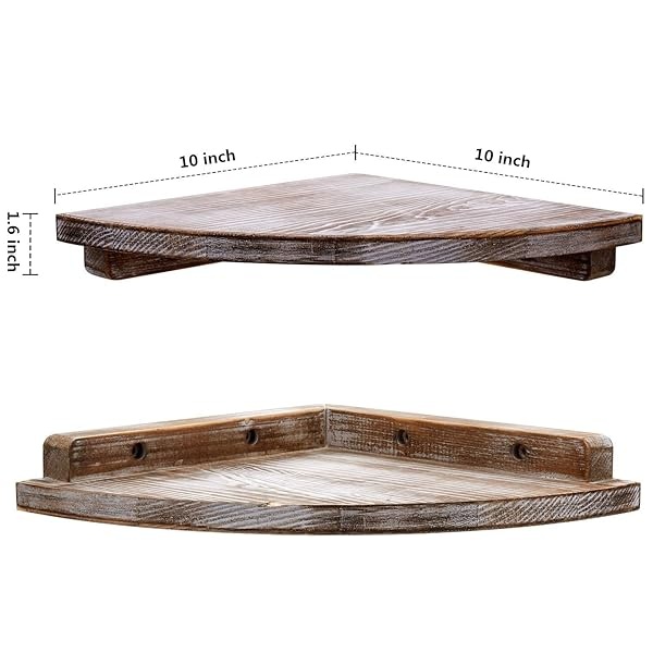 Sageme Estantería de pared de esquina, 2 unidades, madera de pino maciza, estantes flotantes de almacenamiento montados en la pared para dormitorio, sala de estar, baño, juego de 2 (10 pulgadas, madera de pino rústico) - Image 3