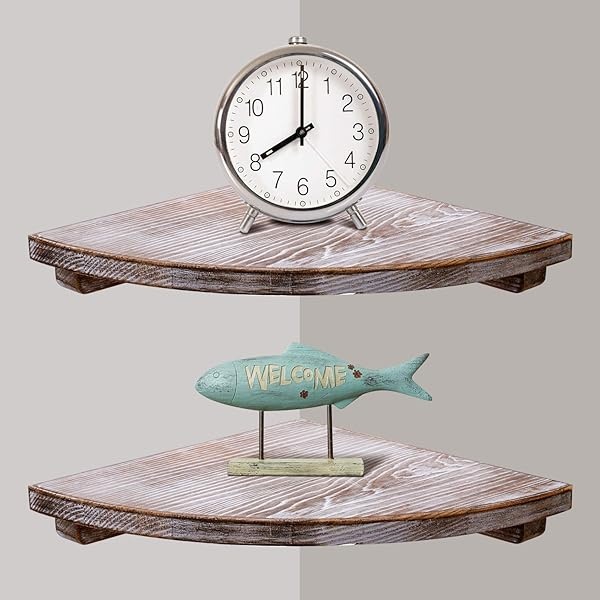 Sageme Estantería de pared de esquina, 2 unidades, madera de pino maciza, estantes flotantes de almacenamiento montados en la pared para dormitorio, sala de estar, baño, juego de 2 (10 pulgadas, madera de pino rústico) - Image 5