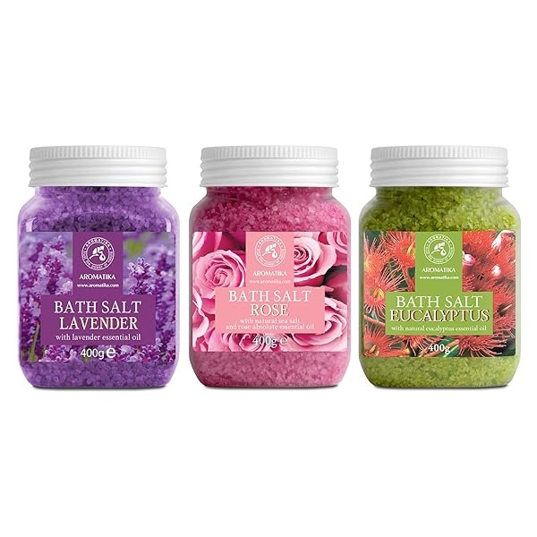 Sales de Baño Set 3x400g con Aceite 100% Natural Lavender - Rosas - Eucalipto - Mejor para Buen Sueño - Alivio del Estrés - Baño - Cuidado Corporal - Bienestar - Belleza - Relajación - Spa - Image 3