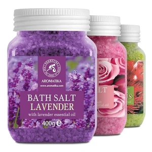 Sales de Baño Set 3x400g con Aceite 100% Natural Lavender - Rosas - Eucalipto - Mejor para Buen Sueño - Alivio del Estrés - Baño - Cuidado Corporal - Bienestar - Belleza - Relajación - Spa