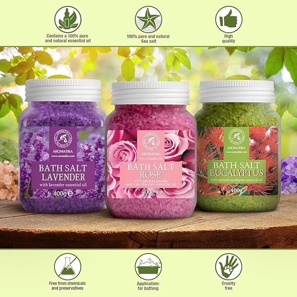 Sales de Baño Set 3x400g con Aceite 100% Natural Lavender - Rosas - Eucalipto - Mejor para Buen Sueño - Alivio del Estrés - Baño - Cuidado Corporal - Bienestar - Belleza - Relajación - Spa - Image 5