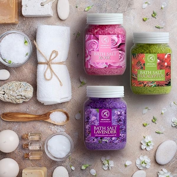 Sales de Baño Set 3x400g con Aceite 100% Natural Lavender - Rosas - Eucalipto - Mejor para Buen Sueño - Alivio del Estrés - Baño - Cuidado Corporal - Bienestar - Belleza - Relajación - Spa - Image 9