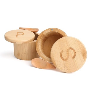 Scavyn Premium Bamboo Salt and Pepper Bowls - Salt Cellar with Magnetic Swivel Lids and Spoons - Salt Box Set of 2 - 3.5 x 3.0 inches - 6 oz