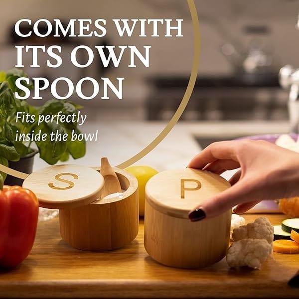 Scavyn Premium Bamboo Salt and Pepper Bowls - Salt Cellar with Magnetic Swivel Lids and Spoons - Salt Box Set of 2 - 3.5 x 3.0 inches - 6 oz - Image 7