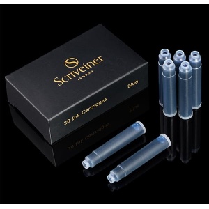 Scriveiner Cartuchos de tinta para pluma estilográfica, color azul, 20 cartuchos de tinta internacionales estándar, fabricados en el Reino Unido, el mejor cartucho para tu bolígrafo Scriveiner, tamaño de recambio se adapta a una amplia gama de plumas estilográficas