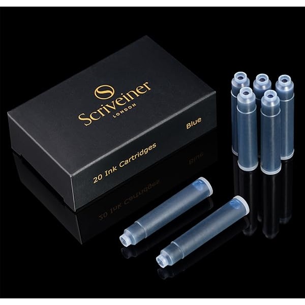 Scriveiner Cartuchos de tinta para pluma estilográfica, color azul, 20 cartuchos de tinta internacionales estándar, fabricados en el Reino Unido, el mejor cartucho para tu bolígrafo Scriveiner, tamaño de recambio se adapta a una amplia gama de plumas estilográficas