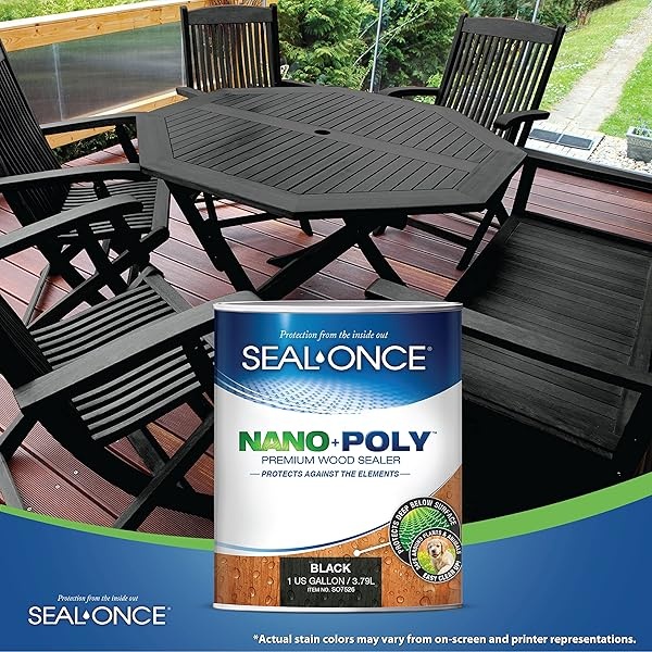 Sellador de madera con poliuretano de Seal-ONCE Nano+Poly Ready Mix negro penetrante con poliuretano (transparente) – base acuosa, bajo COV, impermeabilización para cubiertas, vallas, revestimiento y casas de troncos. (1 galón) - Image 6