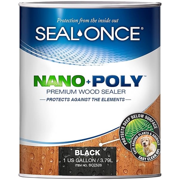 Sellador de madera con poliuretano de Seal-ONCE Nano+Poly Ready Mix negro penetrante con poliuretano (transparente) – base acuosa, bajo COV, impermeabilización para cubiertas, vallas, revestimiento y casas de troncos. (1 galón)