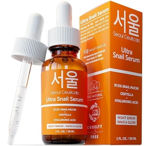 SeoulCeuticals Korean Skin Care Snail Mucin Serum - Korean Beauty Skincare Night Serum for Face - Contains Potent 97.5% K Beauty Snail + Hyaluronic Acid + Centella Asiatica Extremely Effective Anti Wrinkle Serum 1oz
