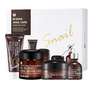 Set de regalo MIZON: crema reparadora de caracol, ampolla intensiva de reparación de caracol, limpiador de espuma reparadora de caracol y crema de ojos coreana para el cuidado de la piel