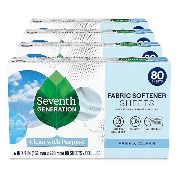 Seventh Generation Sábanas para secadora sin suavizante y transparentes, sin fragancia, 80 hojas, 80 unidades (paquete de 4)