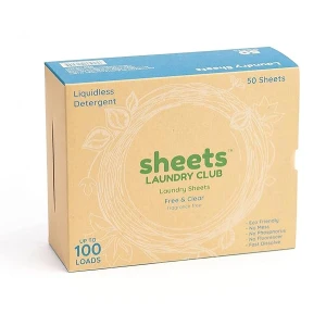 Sheets Laundry Club - Hasta 100 cargas - 50 hojas - Como se ve en Shark Tank - Hojas de detergente para ropa - Sin fragancia - Sin jarra de plástico - Nueva tecnología sin líquido - Ecológico ligero