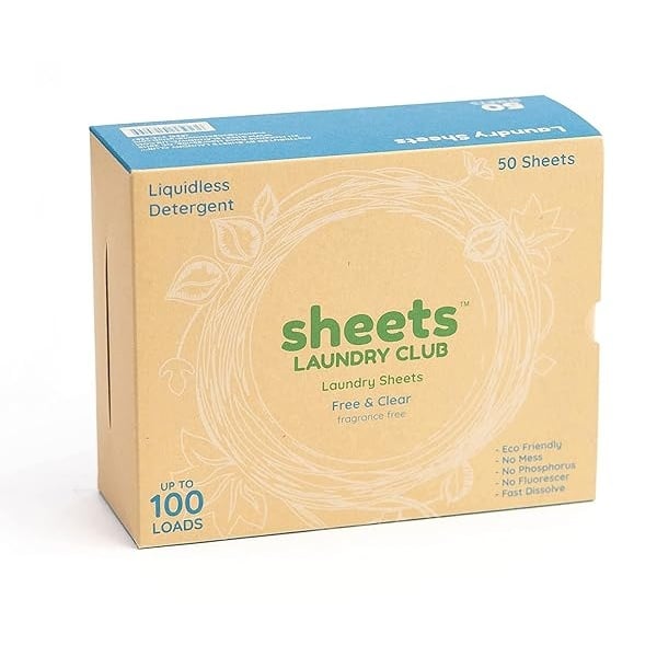 Sheets Laundry Club - Hasta 100 cargas - 50 hojas - Como se ve en Shark Tank - Hojas de detergente para ropa - Sin fragancia - Sin jarra de plástico - Nueva tecnología sin líquido - Ecológico ligero