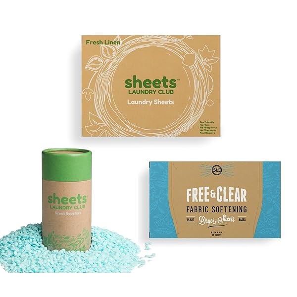 Sheets Laundry Club - Kit de lavandería todo en uno. - Ligero - Disfruta de 50 sábanas de lino fresco de disolución rápida, tubo de refuerzo de aroma de aguas sin marcar de 1 a 8 onzas, 40 hojas de secadora de vitalidad a base de plantas - Image 3