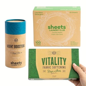 Sheets Laundry Club - Kit de lavandería todo en uno. - Ligero - Disfruta de 50 sábanas de lino fresco de disolución rápida, tubo de refuerzo de aroma de aguas sin marcar de 1 a 8 onzas, 40 hojas de secadora de vitalidad a base de plantas