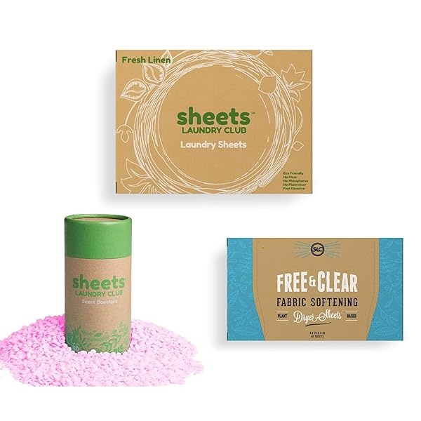 Sheets Laundry Club - Kit de lavandería todo en uno. - Ligero - Disfruta de 50 sábanas de lino fresco de disolución rápida, tubo de refuerzo de aroma de aguas sin marcar de 1 a 8 onzas, 40 hojas de secadora de vitalidad a base de plantas - Image 7