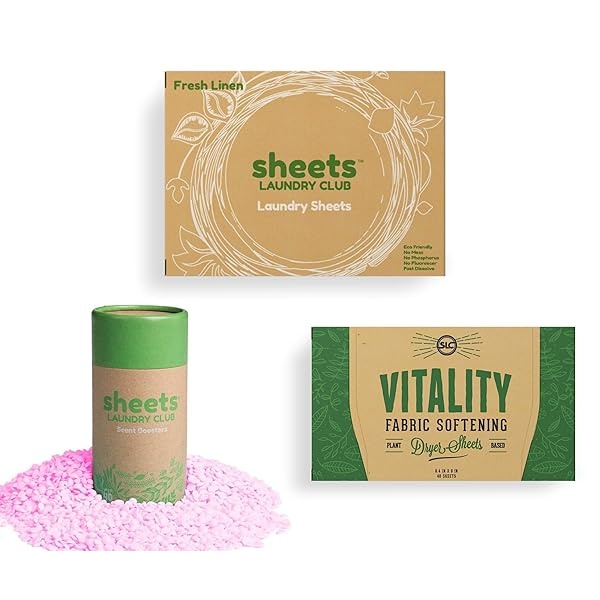 Sheets Laundry Club - Kit de lavandería todo en uno. - Ligero - Disfruta de 50 sábanas de lino fresco de disolución rápida, tubo de refuerzo de aroma de aguas sin marcar de 1 a 8 onzas, 40 hojas de secadora de vitalidad a base de plantas - Image 8