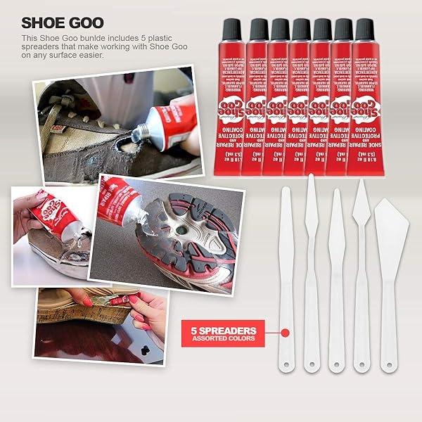 Shoe Goo - calcomanía de reparación para fijación de zapatos o botas desgastados, transparente, 7 tubos de 0.1 onzas, juego de herramientas para esparcidor Pixiss - Image 3