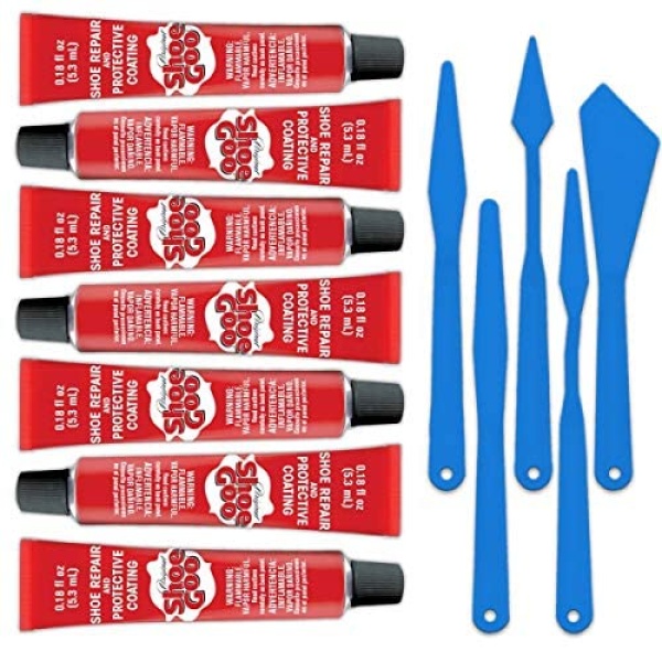 Shoe Goo - calcomanía de reparación para fijación de zapatos o botas desgastados, transparente, 7 tubos de 0.1 onzas, juego de herramientas para esparcidor Pixiss