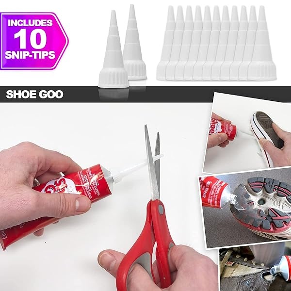 Shoe Goo - calcomanía de reparación para fijar zapatos o botas desgastados, transparente, 3.4 onzas (109.4 ml), 10 puntas aplicadoras de punta de corte y juego de herramientas para esparcidor Pixiss - Image 4