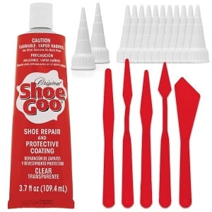 Shoe Goo - calcomanía de reparación para fijar zapatos o botas desgastados, transparente, 3.4 onzas (109.4 ml), 10 puntas aplicadoras de punta de corte y juego de herramientas para esparcidor Pixiss
