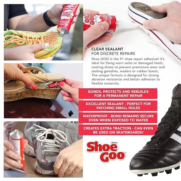 Shoe Goo - calcomanía de reparación para fijar zapatos o botas desgastados, transparente, 3.4 onzas (109.4 ml), 10 puntas aplicadoras de punta de corte y juego de herramientas para esparcidor Pixiss - Image 5