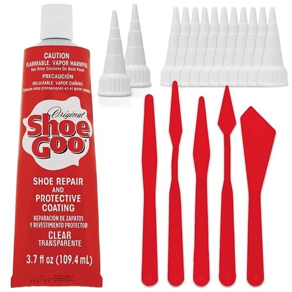 Shoe Goo - calcomanía de reparación para fijar zapatos o botas desgastados, transparente, 3.4 onzas (109.4 ml), 10 puntas aplicadoras de punta de corte y juego de herramientas para esparcidor Pixiss