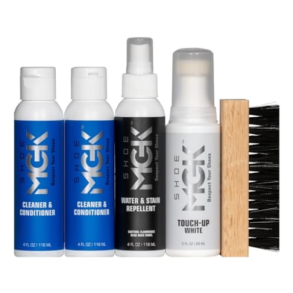Shoe MGK MVP Kit limpiador de zapatos limpiador y acondicionador de zapatos, repelente de agua y manchas, retoque y cepillo para polvo blanco, Azul, Mediem - Image 3