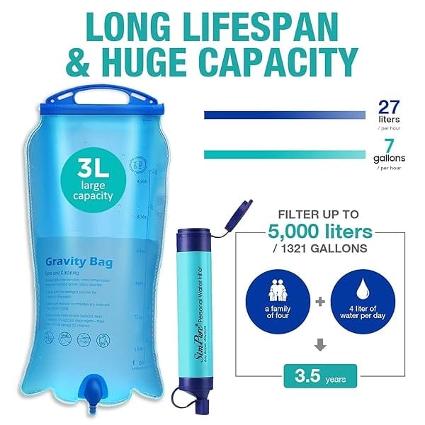 SimPure Filtro de agua por gravedad, purificador de agua portátil alimentado por gravedad con bolsa de gravedad de 3 L, correa para árbol, equipo de supervivencia sin BPA y equipo para acampar, - Image 4