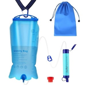 SimPure Filtro de agua por gravedad, purificador de agua portátil alimentado por gravedad con bolsa de gravedad de 3 L, correa para árbol, equipo de supervivencia sin BPA y equipo para acampar,