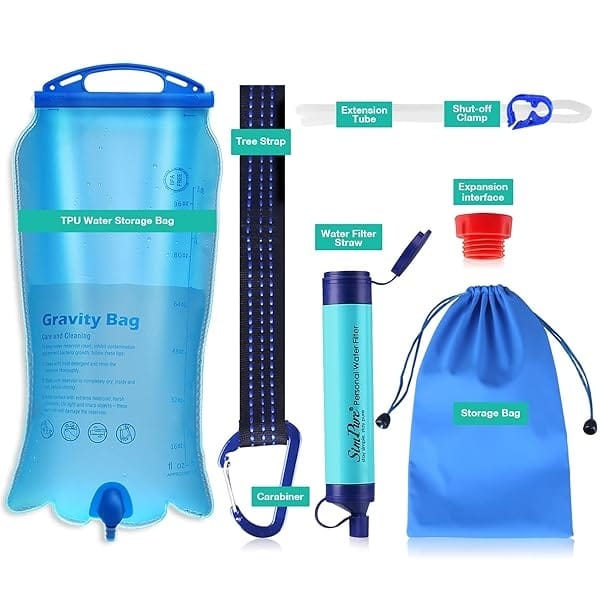 SimPure Filtro de agua por gravedad, purificador de agua portátil alimentado por gravedad con bolsa de gravedad de 3 L, correa para árbol, equipo de supervivencia sin BPA y equipo para acampar, - Image 10