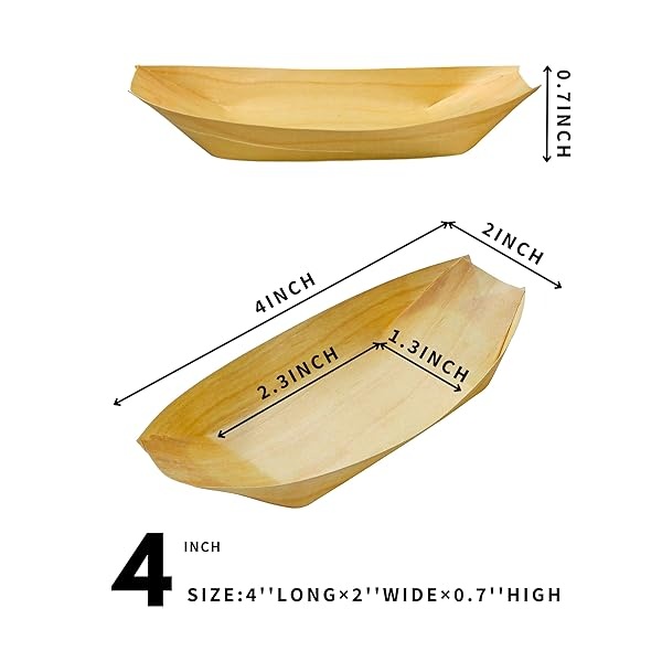 Snowkingdom - 100 platos de bambú para barcos de 4 pulgadas, platos desechables de madera para barcos, cuencos de sushi, bandeja para servir barcos, platos de madera para alimentos, embutidos y - Image 3
