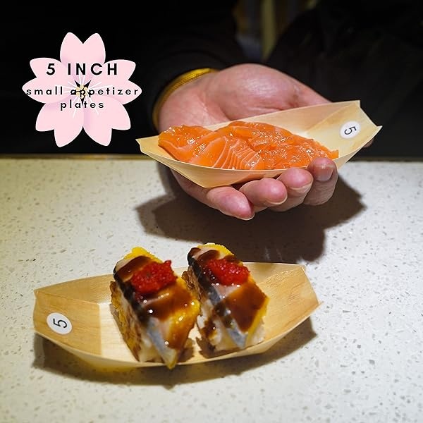 Snowkingdom - Paquete de 100 platos desechables de madera para barcos de 5 pulgadas, platos para fiestas de bambú, pequeños para aperitivos, sushi, postres ecológicos - Image 7