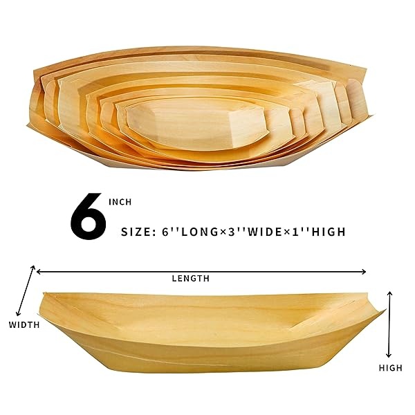 Snowkingdom - Paquete de 100 platos desechables de madera para barcos de 6 pulgadas, mejor que el bambú, biodegradables, ecológicos, para fiestas - Image 4