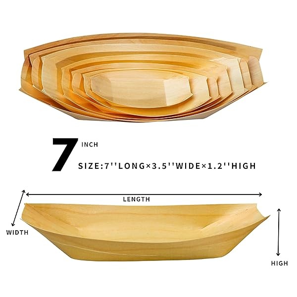 Snowkingdom - Paquete de 100 platos desechables de madera para barcos de 7 pulgadas, mejor que el bambú, 100% compostables y biodegradables, ecológicos - Image 4