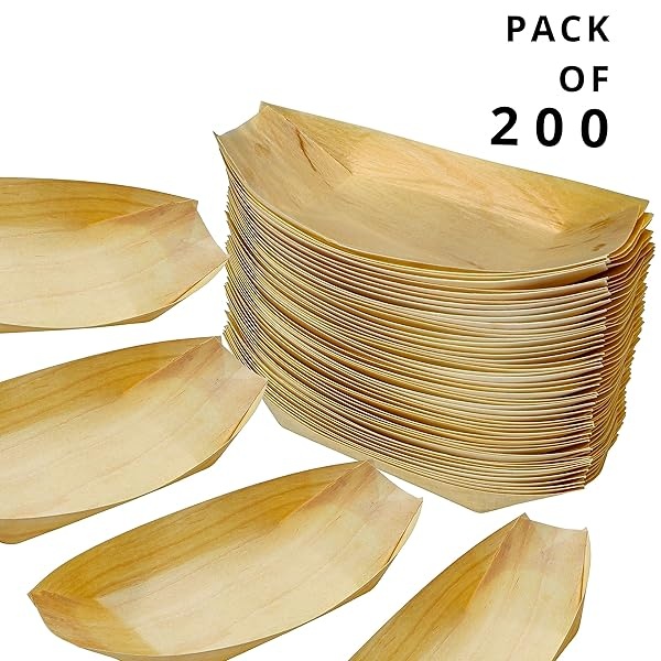 Snowkingdom - Paquete de 200 platos desechables de madera para barco, de 8 pulgadas, mejor que el bambú, biodegradables, ecológicos, para fiestas - Image 5