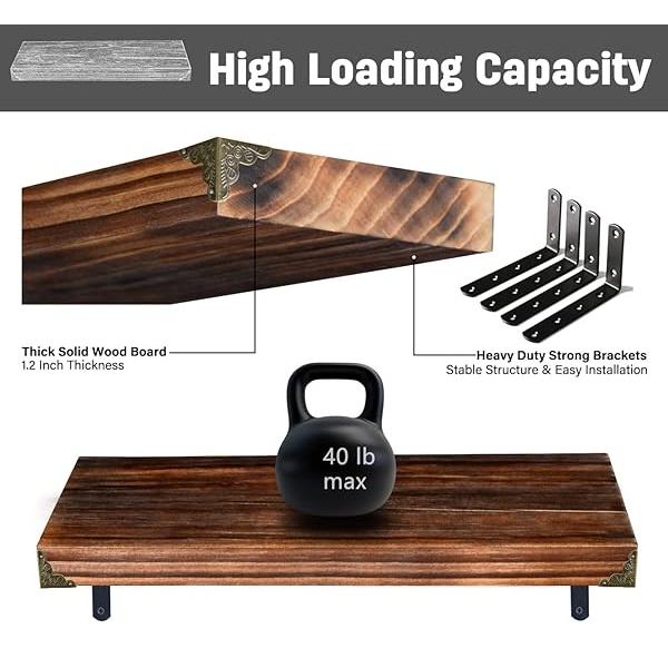 Soroel Juego de 2 estantes flotantes de madera rústica, estantes de almacenamiento de madera, montados en la pared, gruesos y anchos de madera natural, pequeños estantes, decoración para sala de estar, dormitorio, baño, cocina, marrón, 40,6 cm - Image 5