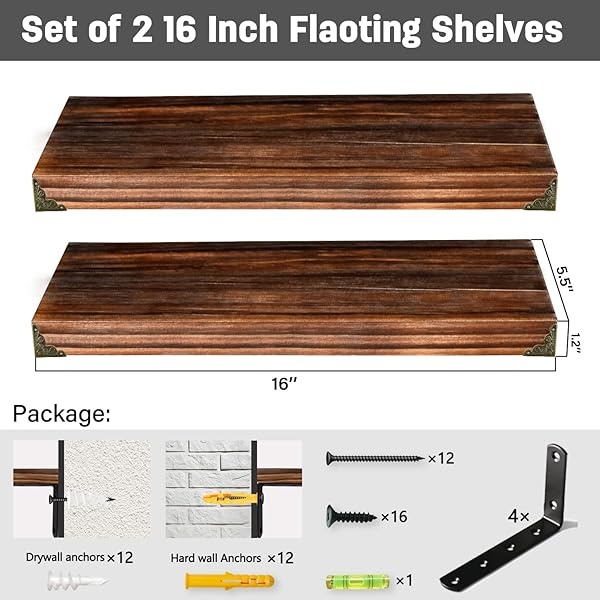 Soroel Juego de 2 estantes flotantes de madera rústica, estantes de almacenamiento de madera, montados en la pared, gruesos y anchos de madera natural, pequeños estantes, decoración para sala de estar, dormitorio, baño, cocina, marrón, 40,6 cm - Image 6