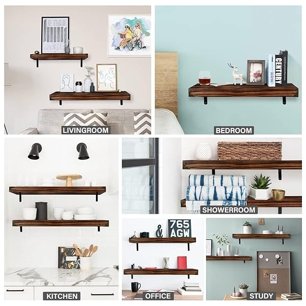 Soroel Juego de 2 estantes flotantes de madera rústica, estantes de almacenamiento de madera, montados en la pared, gruesos y anchos de madera natural, pequeños estantes, decoración para sala de estar, dormitorio, baño, cocina, marrón, 40,6 cm - Image 8
