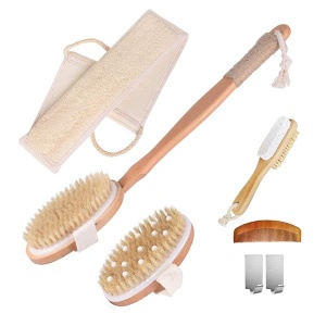 Spclsim Juego de cepillos de baño, cepillo de ducha, cepillo de cuerpo, cepillo de espalda, exfoliante natural, esponja de lufa, esponja de ducha, puf para mujeres y hombres, exfoliante suave, mejora tu circulación