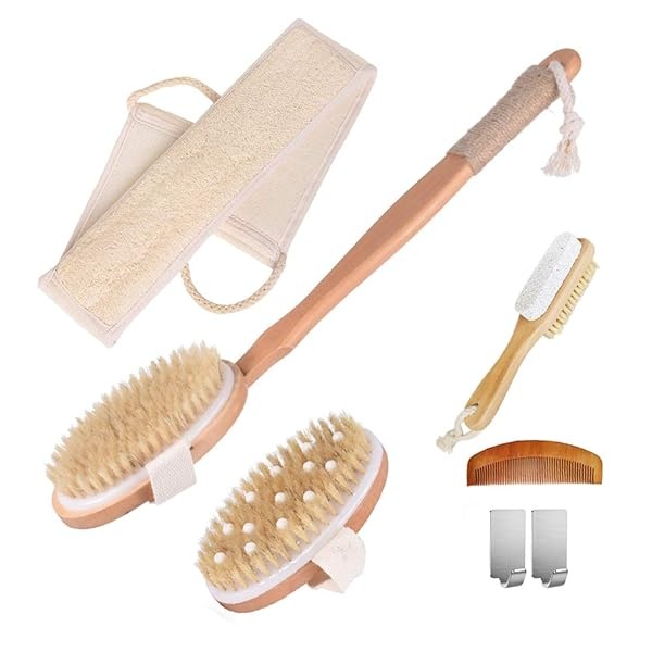 Spclsim Juego de cepillos de baño, cepillo de ducha, cepillo de cuerpo, cepillo de espalda, exfoliante natural, esponja de lufa, esponja de ducha, puf para mujeres y hombres, exfoliante suave, mejora tu circulación