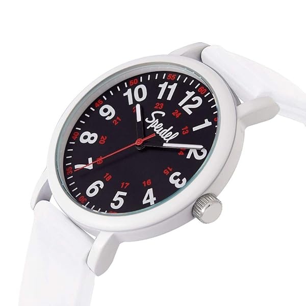 Speidel Original Scrub Reloj – Colores de exfoliación médicos, esfera fácil de leer, segunda mano, resistente al agua, Blanco con funda blanca. - Image 3
