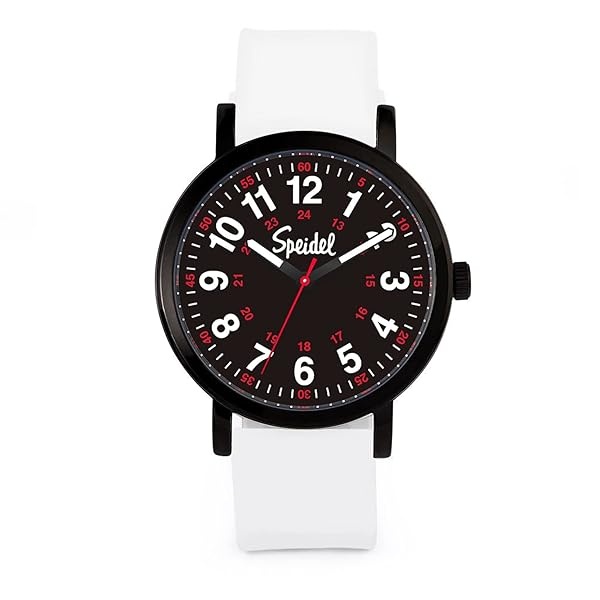 Speidel Original Scrub Watch – Colores médicos, esfera fácil de leer, segunda mano, resistente al agua, Blanco con esfera negra.